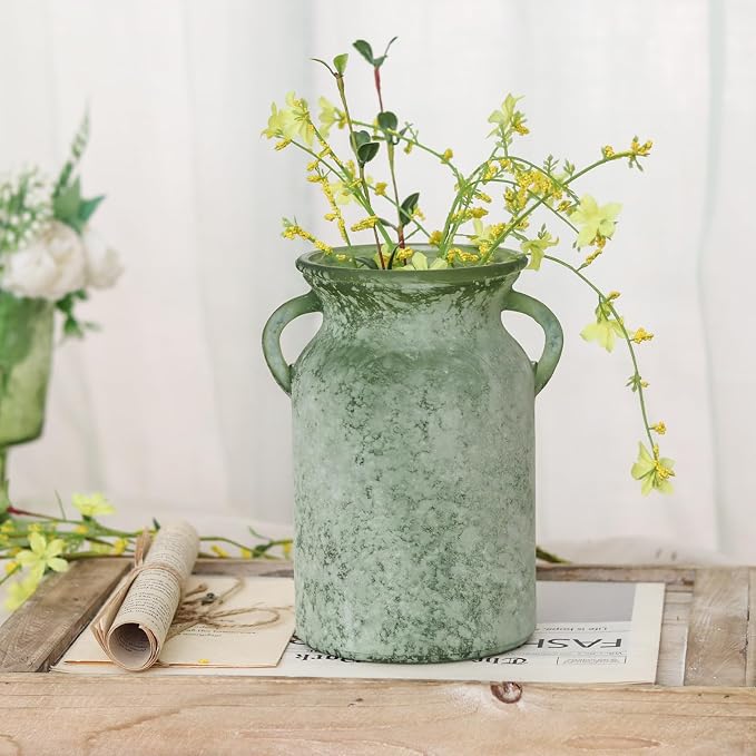 SHMILMH Glass Flower Vase with Handle – 8 Inches Rustic Imitation Ceramic Vase for Flowers, Vintage White Green Centerpiece Decor for Farmhouse, Modern Home, Table & Holiday Decorations