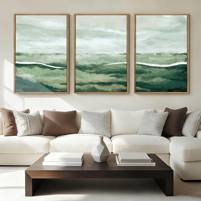 ANHUIB Large Green Abstract Framed Wall Art Set of 3 Sage Green Landscape Canvas Wall Decor 24x36 InchBeige Neutral Watercolor Lake Textured Illustrations Painting for Living Room Bedroom Dining Room