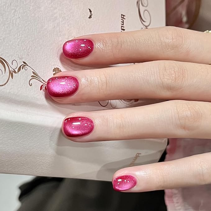 GAOY Pink Cat Eye Gel Nail Polish, 16ml Hot Pink Glitter Holographic Nail Polish with Magnet, Reflective Translucent UV Gel, 2400 First Crush