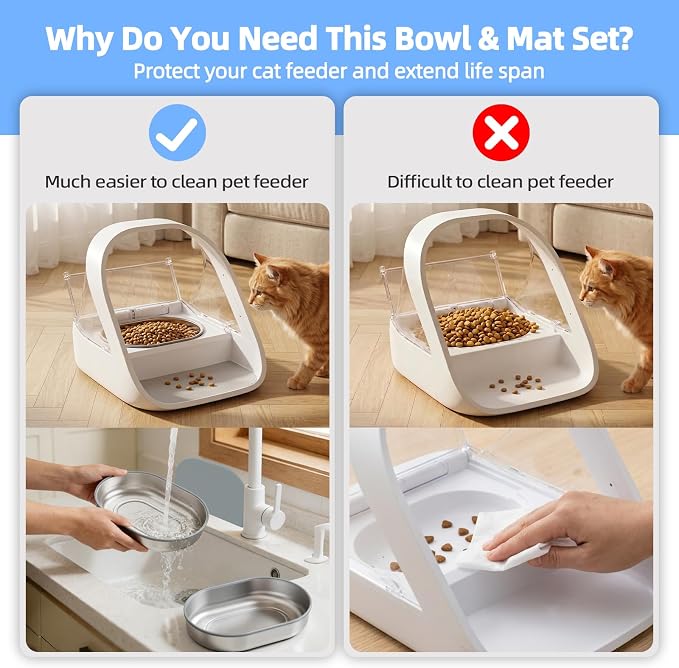 Stainless Steel Bowl and Mat Set for Automatic Microchip Cat Pet Feeder, Sealing Ring Design for Keeping Food Fresh and Reducing Odor, Easy to Clean, SUS 304, Includes 2 Bowls and 1 Mat