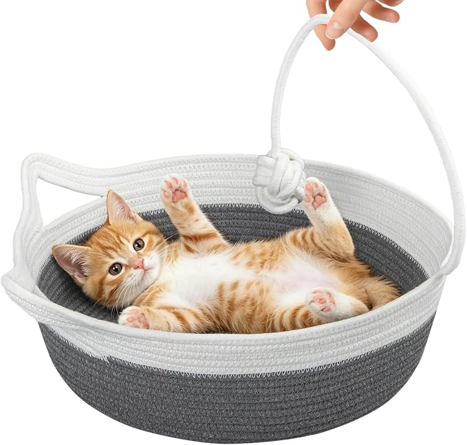 Cotton Rope Woven Cat Bed Basket, Cat Beds for Indoor Cats | Hand woven pet bed with toy tail, fits indoor cats, small puppies & rabbits, soft woven sofa sleeping basket for small pets