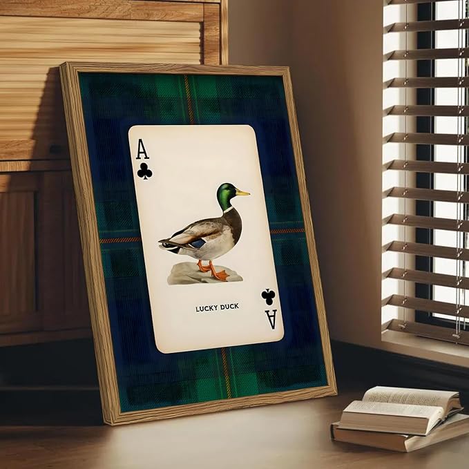 Vintage Mallard Duck Wall Art Cottage Core Hunting Lucky Duck Wall Decor Picture Dark Wildlife Playing Card Poster Canvas Print Painting for Farmhouse Bedroom Living Room 16x24 inch Wood Framed