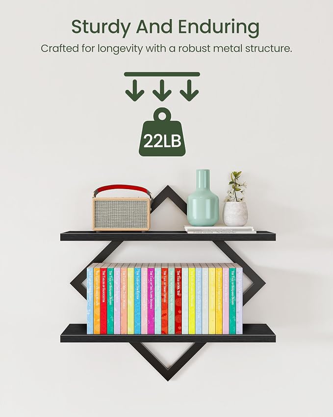 Floating Shelves, Set of 2 Wall Shelves, 2-Tier Hanging Shelves, Wall Shelf Set of 2, Wall Mounted Shelves, for Living Room, Bedroom, Kitchen, Office, Study, Black TBJ01P2BB