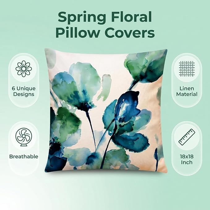 COMMINY Blue Green Linen Pillow Covers 18x18 Set 6 Floral Throw Cover | Decorative Farmhouse Flower, Breathable Linen, Standard Throw Pillow Size, Bedroom Accent Couch Sofa, Summer Decor