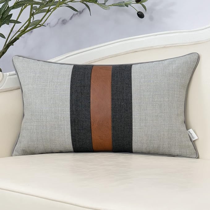 Patchwork Pillow Cover 12x20 Inch Luxury Cotton and Linen Cushion Cover Faux Leather Pillowcover for Couch Bedroom Living Room, Gray