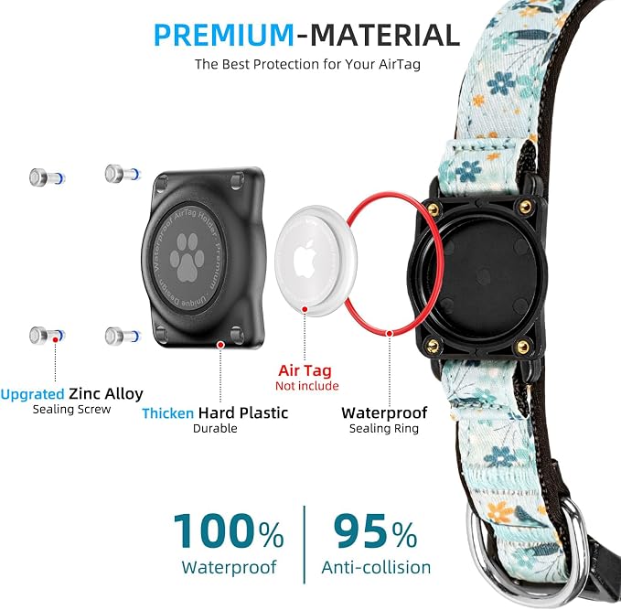 Upgrade Dog Collar with AirTag Holder, IP68 Waterproof, Blue Meadow, XL | Built-in Water Resistant AirTag holder, 1000D Nylon, Reflective Stitching for Night Visibility, Soft padding for Comfort