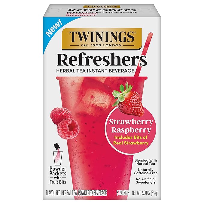 Twinings Strawberry Raspberry Refreshers, Herbal Tea Instant Beverage with Real Strawberry Fruit Bits, 5 Count (Pack of 1), Café Style, No Artificial Sweeteners, Naturally Caffeine-Free, 5 Packets