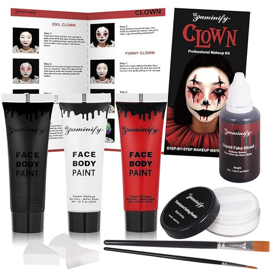 Clown Halloween Makeup Kit,Black Red White Face Paint with Dripping Fake Blood, Body Paint for Joker Devil Vampire Scary Clown Cosplay,Professional SFX Makeup Kit with Setting Powder for Kids