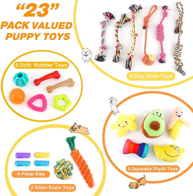Puppy Chew Toys for small & Medium Dog, Cute Plush Dog Squeaky Toys for Puppies, Dog ChewToys with Rope Toys, Treat Ball for Teething, Interactive Dog Toys with Tough Chewers, Puppy Supplies - 23 Pack