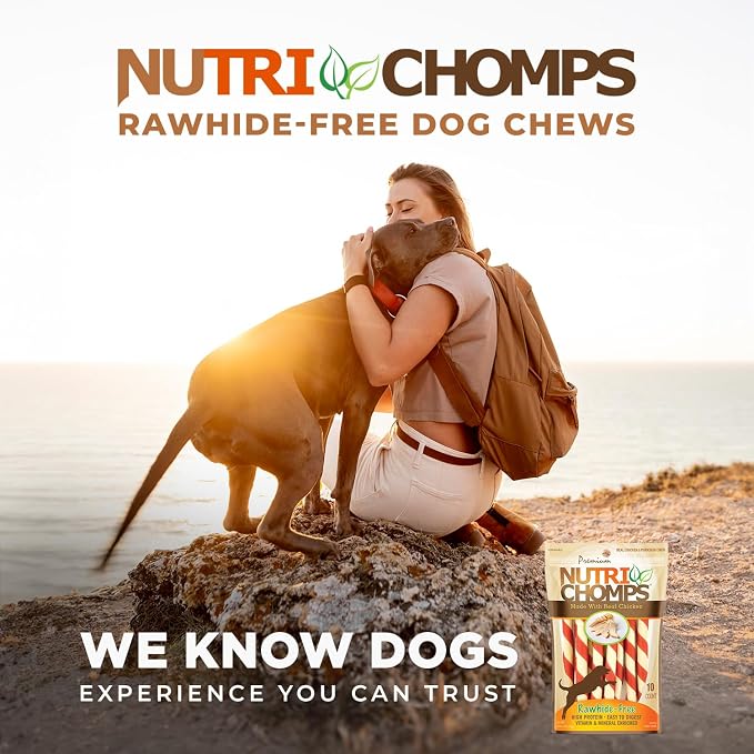Nutri Chomps Rawhide Free Dog Chews, Real Chicken, 5in Twists, 10ct, 2pk | Long-lasting chew. High protein, low fat, healthy & delicious treat for dogs.