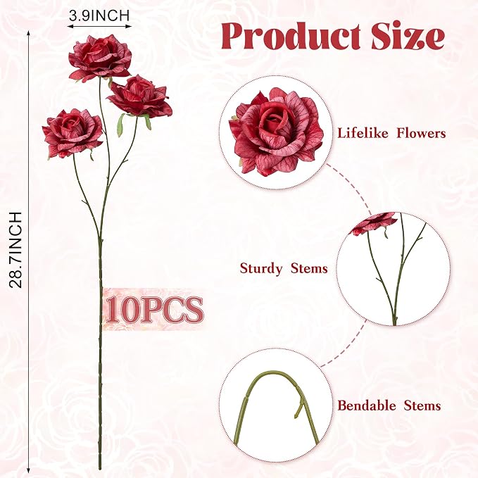 INXUGAO Artificial Flowers Fake Roses for Outdoor, 10Pcs 28" Long Stem Silk Red Roses for Wedding Indoor Outside Party Decor, Realistic Faux Bouquet for Tall Vase Planter