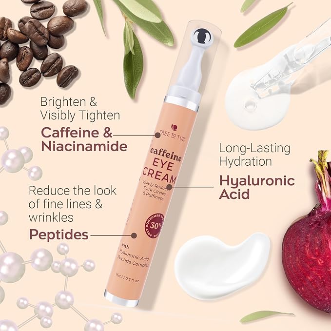 Tree To Tub Caffeine Eye Cream - Hydrating & Firming Under Eye Cream for Dark Circles, Eye Roller for Puffy Eyes, Reduces the Look of Puffiness and Bags, Coffee Eye Cream w/Hyaluronic Acid, Peptides
