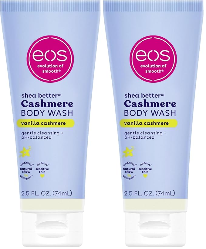 eos Travel Vanilla Cashmere Body Wash- Travel Size Essential, Toiletries, Mini Body Wash, 2.5 fl oz (Pack of 2)