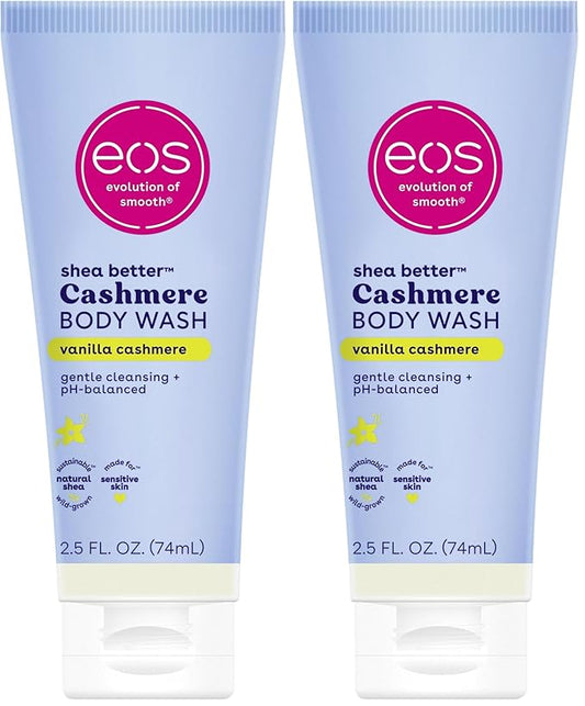 eos Travel Vanilla Cashmere Body Wash- Travel Size Essential, Toiletries, Mini Body Wash, 2.5 fl oz (Pack of 2)