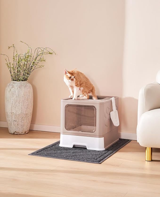 Medario Cat Litter Box with X-Large Litter Mat and Scoop(Upgrade Coffee) | Large Covered Litter Box with Lid, Enclosed Kitty Box,Front Top Entry Exit, Odor Control Easy to Clean