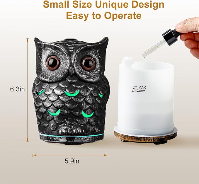 Alieye Ceramic Essential Oil Diffuser, 200ML Handcrafted Ceramic Owl Ultrasonic Cool Mist Aromatherapy Humidifier with 7 Colors LED Waterless Auto Shut Off for Home Office Yoga, Gifts for Mom, Sliver