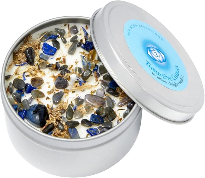 Third Eye Chakra Candle by New Moon Beginnings - Chakra Candles - Dried Flower, Herb, & Crystal Candles - Aromatherapy Candles - Soy Candle - 8oz Tin