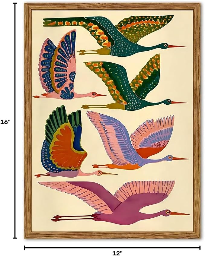 Framed Colorful Bird Wall Art, Vintage Flying Heron Pictures Wall Decor, Mid Century Modern Animal Paintings Canvas Prints Abstract Home Decor Aesthetic Artwork for Living Room Bedroom 12x16 inch