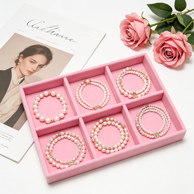 Velvet Jewelry Trays for Drawers, Pink 6 Grids | Stackable Jewelry Drawer Organizer, Earring Necklace Bracelet Holder Organizer Storage Display Tray with Removable Dividers