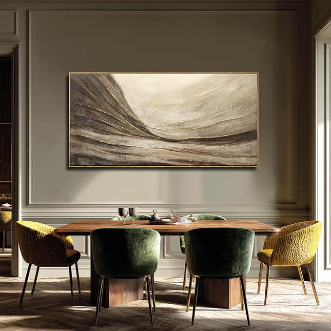 Framed Brown Gold Abstract Wave Canvas Wall Art for Living Room 24x48 Inch