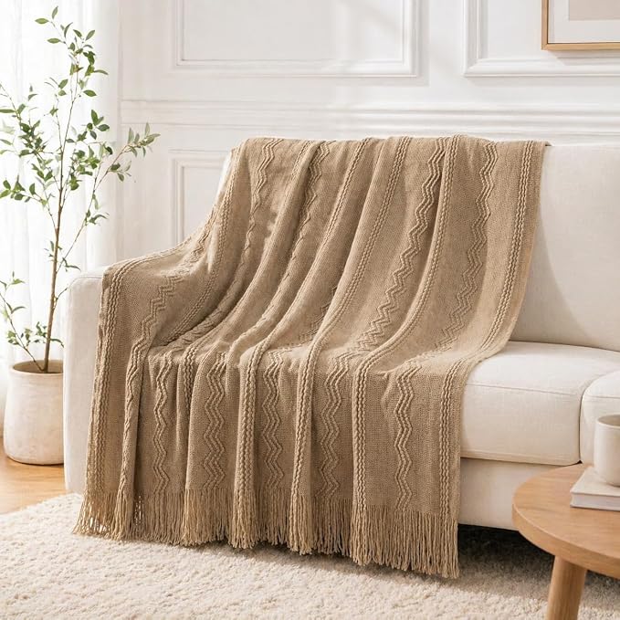 BATTILO HOME Tan Throw Blanket for Couch, 50"x60" | Taupe Throw Blanket for Home Decor, Lightweight Decorative Knit Throw Blanket
