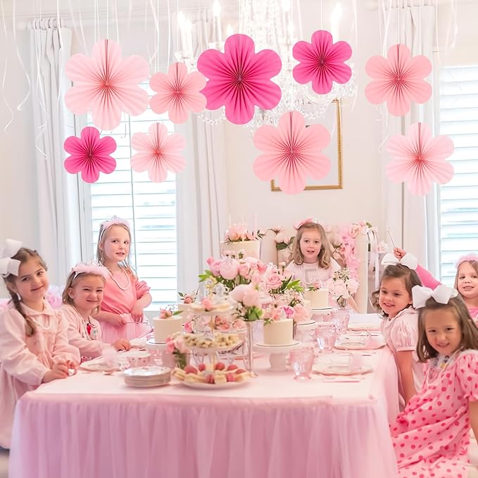SUNBEAUTY Paper Flowers Decoration, Set of 9 - Hot Pink Paper Flower for Wall Hanging Ornaments, Party Fans & Floral Backdrop for Weddings Baby Showers Birthdays Valentine Mother's Day & More