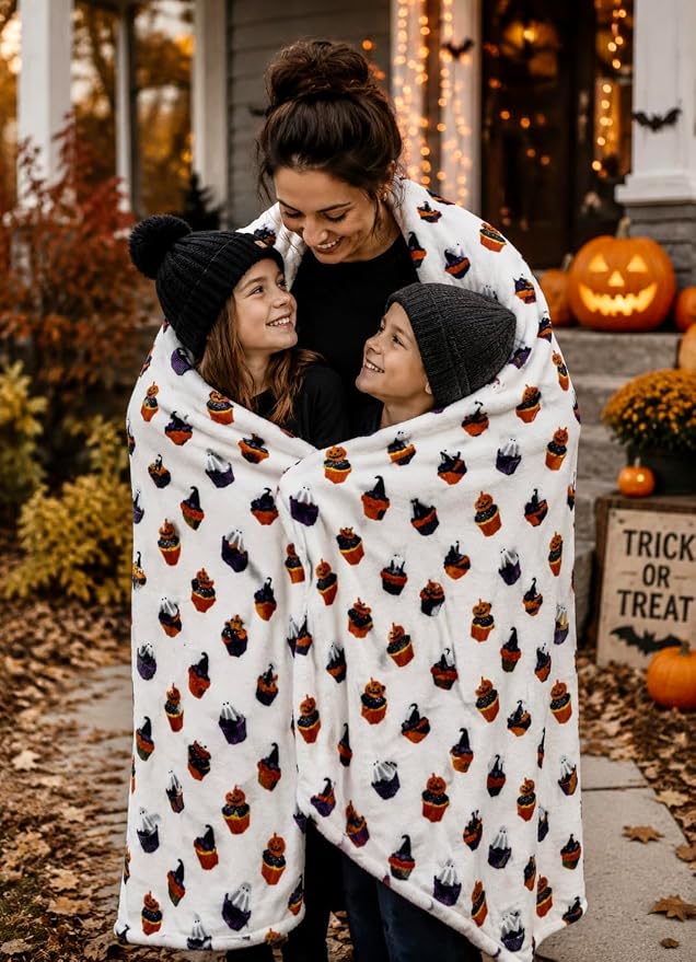 Halloween Ghost Fleece Throw Blanket, Cute Ghosts & Pumpkins, 50x60 | Ultra-soft cozy flannel fleece, for sofa bed couch chair & dorms, spooky Halloween décor, durable and machine washable.