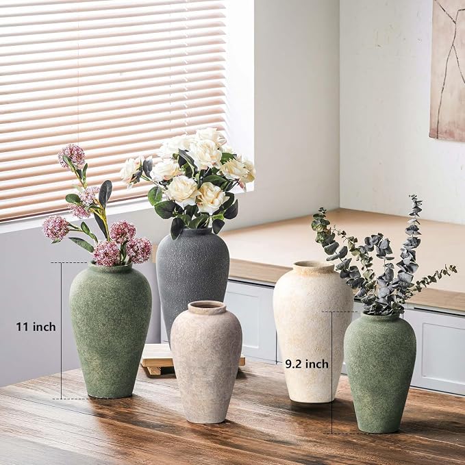 Ceramic Flower Vase Home Decor - 9.2 inch Large Farmhouse Table Vases, Rustic Decorative Vases for Kitchen Living Room Coffee Dining Shelf Mantel Decoration