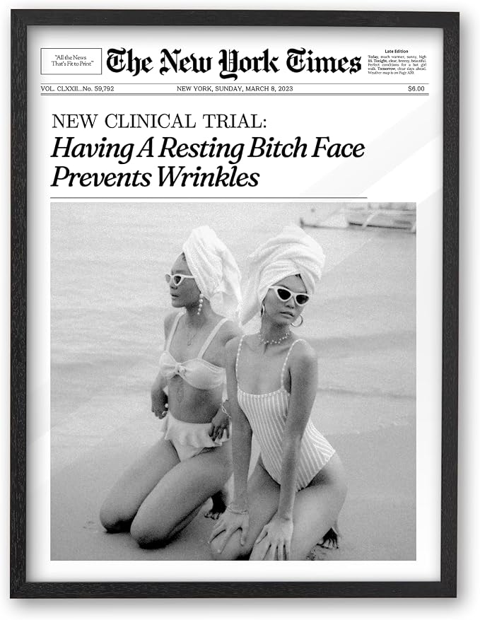 iHery 16x20in Funny Beach Girls Black Framed Newspaper Wall Art | Premium Black Natural OAK Wood Frame with Canvas Print, Retro Magazine Decor for Bathroom Bedroom Dorm, Living Room 1Pack