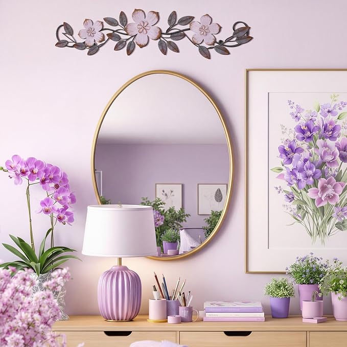 Wesiti Metal Flower Wall Decor Vintage Metal Flower Wrought Iron Scroll Sculpture 15.7''x3.7'' Not 3D, Flat Farmhouse Leaf Wall Decor with Nails for Summer Bedroom Kitchen Indoor Outdoor(Purple)