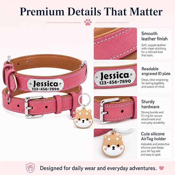 Personalized Leather Dog Collar with AirTag Holder Case, Custom Engraved Nameplate Dog Collar, Adjustable Genuine Leather Soft Padded Dog ID Collar for X-Small Small Medium Large X-Large Dogs-Pink-M