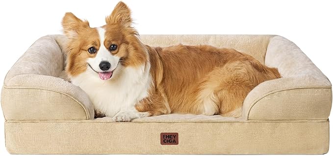 EHEYCIGA Orthopedic Dog Beds Large Sized Dog, Waterproof Washable Pet Bed | Non-Slip Bottom and Egg-Crate Memory Foam Dog Couch Bed with Washable Removable Cover, Greige