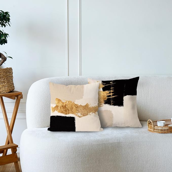 Black Beige Gold Pillow Covers, Abstract Black and Gold Pillow Covers 18x18 Set of 2, Modern Boho Home Decor, Black and Gold Pillows Decorative Throw Pillows for Couch Living Room Bedroom