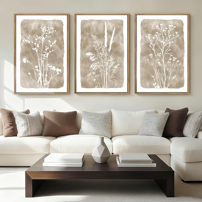 ANHUIB Beige Neutral Floral Canvas Wall Art 16x24 Inch Framed Brown Botanital Wall Decor Large Rustic Farmhouse Wildflower Artwork Boho Vintage Plant Art Prints Set of 3 for Living Room Bedroom Office