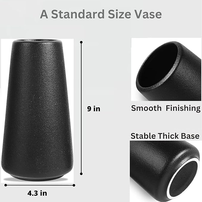 Premium Quality Large Ceramic Black Vase - 9 inch | Flower Vase for Home Decor, Farmhouse, Modern, Bohemian & Aesthetic Room Decor