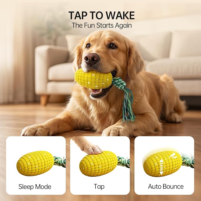 Interactive Dog Toys, Automatic Bouncing Dog Toy with Rope, Motion Activated Corn Dog Toy, Rechargeable Moving Dog Toy with 3 Play Modes, Keeps Dogs Busy, Boredom Relief ChewToy for Small Medium Dogs