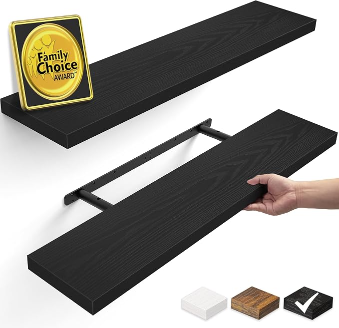BAYKA Black Floating Shelves 35.4in, Set of 2, Wall Mount Rustic Wood Shelf | Easy Install, 30lbs Max Load, Hidden Bracket, for Bathroom Bedroom Kitchen Display Storage Decor, Multi-Wall Compatible