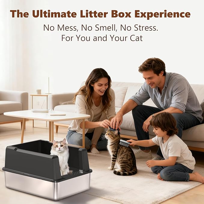 Extra Large Stainless Steel Litter Box for Large Cats | 50% Thicker Metal, High Sides, Leak-Proof, Non-Stick Surface, Odor Resistant, Easy Clean