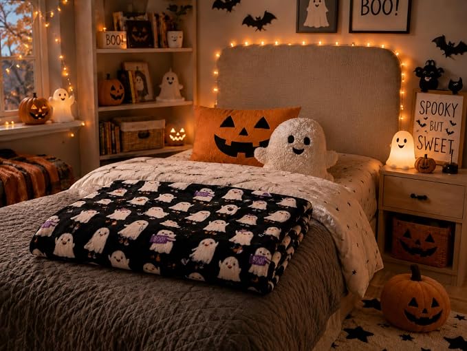 Halloween Ghost Fleece Throw Blanket, Cute Ghosts on Black, 50x70 in | Ultra-soft cozy flannel fleece, for sofa couch bed chair & dorms, spooky Halloween décor, durable and machine washable.