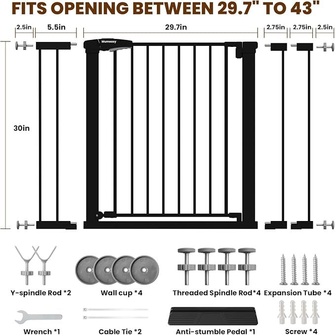 Mumeasy Baby Gate with Door, 29.7-43" Auto Close Dog Gate for Doorways