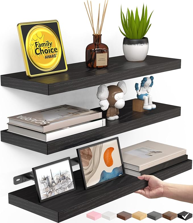 BAYKA Floating Shelves for Wall, Wall Mounted Rustic Wood Shelves for Bathroom, Bedroom, Living Room, Kitchen, Hanging Shelf for Books/Storage/Room Decor with 22lbs Capacity (Black, Set of 3, 15.7in) | Easy Install, 22lbs Max Load, Hidden Bracket, Wall...