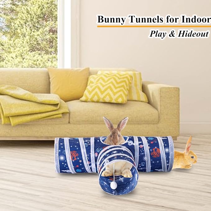 HERCOCCI Rabbit Toys, Collapsible Bunny Tunnels & Tubes 3 Way Rabbit Hideout Tunnel with Ball Toy for Bunny Guinea Pig Ferret Kitten