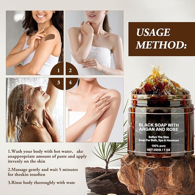 satasiam Morocco Black Soap With Argan And Rose, Morocco Black Beldi Soaps, Blacks Soap Bar Exfoliating Soaps, Moroccan BlackSoap Hammam, Moroccos Body Scrub with Exfoliating Glove (1)