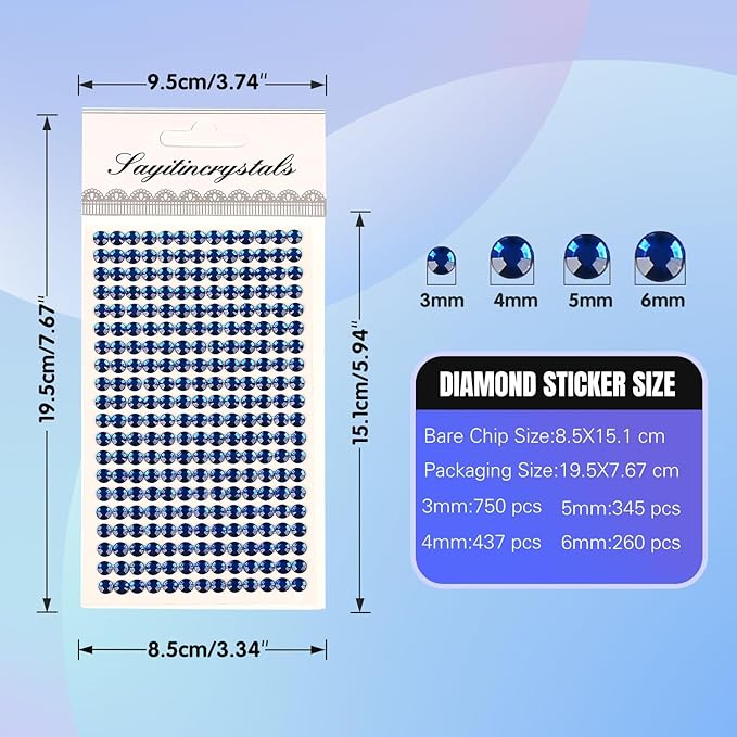 8 Sheets Rhinestone Stickers，3584 Pcs Gem Stickers for DIY Face Eyes Makeup Hair（Deep Blue-3/4/5/6mm）
