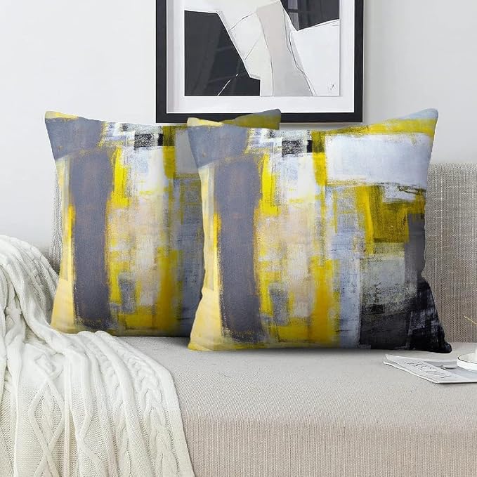 Yellow and Grey Abstract Art Artwork Pillow Cover, Gallery Modern Decorative Throw Pillows Cushion Cover for Bedroom Sofa Living Room 16 x 16 Inch Set of 2