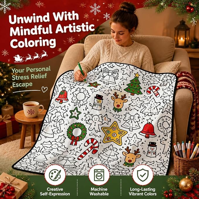 DIY Coloring Blankets with 24 Colors Markers for Adults (95 - Christmas) | Custom Color In Your Own Blankets With 24 Colors Markers, Snuggle Color Sketch Washable Blankets Kit Home Decor