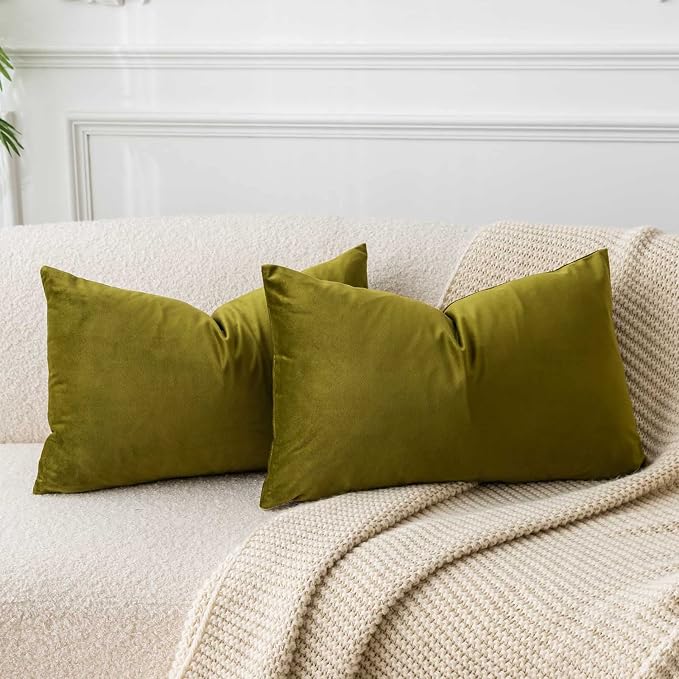 14x24 Velvet Throw Pillow Covers Set of 2 for Couch Bed Sofa,Olive Green | Decorative Soft Pillow Covers with Invisible Zipper for Couch Sofa Bed Living Room Bedroom Home Decor