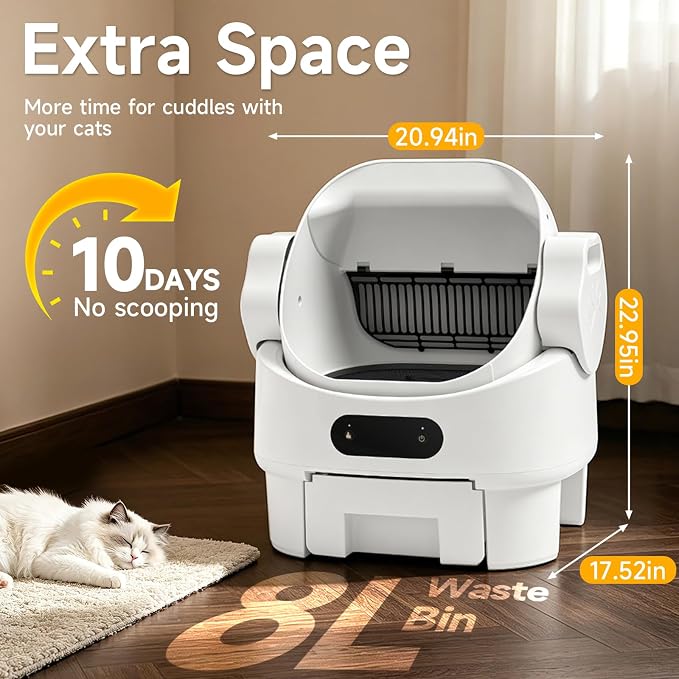 Automatic Cat Litter Box,Self Cleaning,Infrared Sensor,Display,8L Waste Bin | Spacious Interior,Ultra-Quiet,Kitten & Senior Friendly,Clumping Litter Compatible,Anti-Pinch,Tool-Free Clean,Open-Top,White