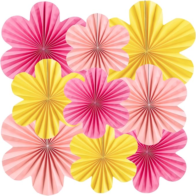 SUNBEAUTY Paper Flowers Decorations for Wall, Paper Flower Fan Classroom Decoration Paper Floral Backdrop Decor Paper Fans Decoration Hanging Paper Fans Pink Yellow Flower Wall Decor