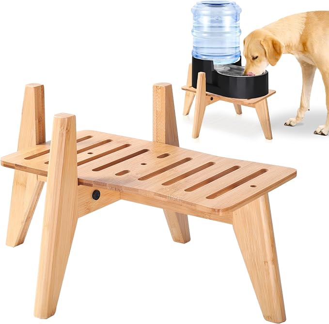 Dog Water and Food Dispenser Stand for Medium Dogs - Adjustable, Bamboo | Use to Elevate, Raise, Hold Gravity or Automatic Food Feeders and Water Bowl Dispensers - Medium
